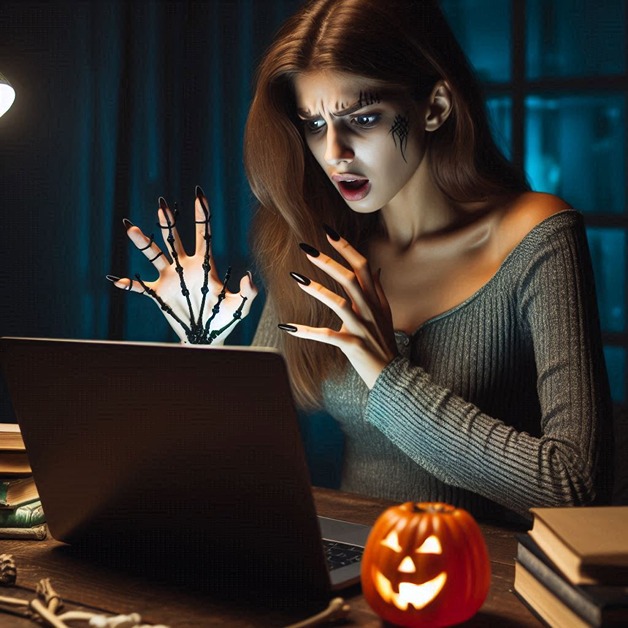 A Woman is reading a scary website (AI)