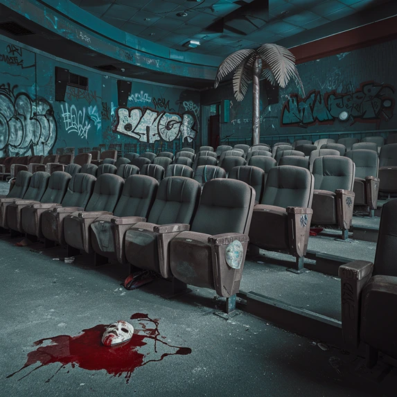 abandoned cinema with blood and neglection (AI)