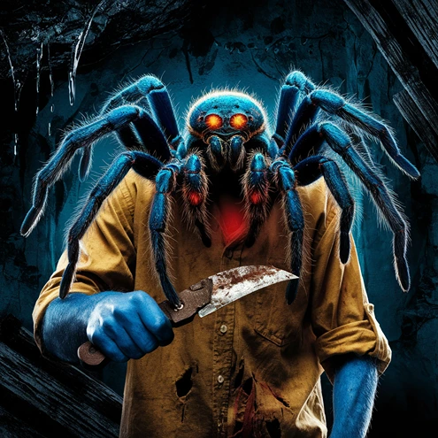 Blue spider as a serial killer holding knife (AI)