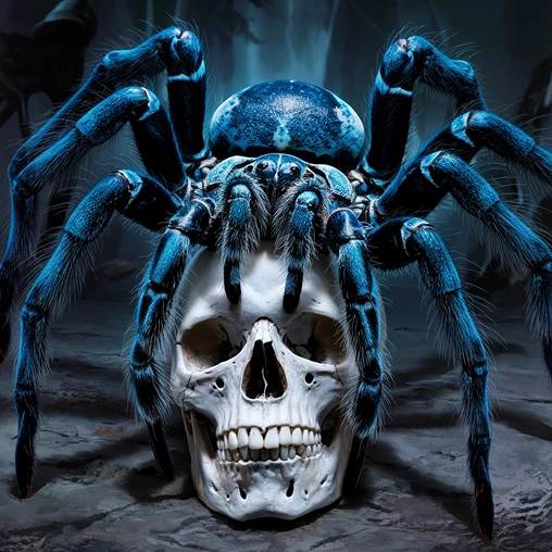 Killer Cobalt blue tarantula on skull (AI)
