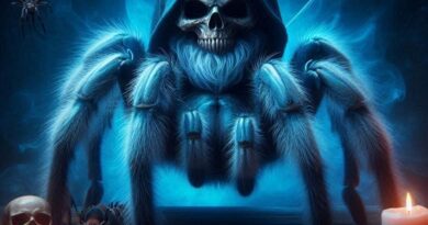 Cobalt blue tarantula as scary horror villain (AI)