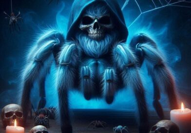 Cobalt blue tarantula as scary horror villain (AI)