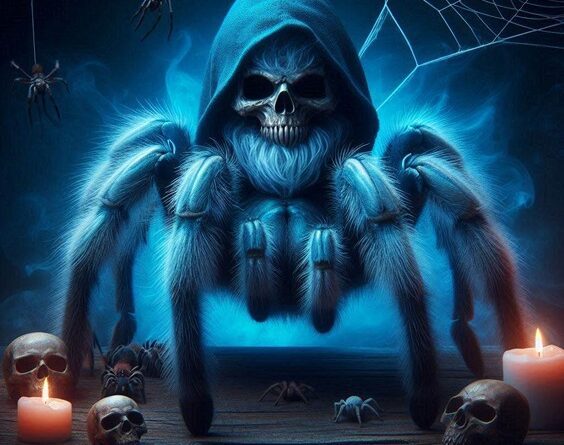 Cobalt blue tarantula as scary horror villain (AI)