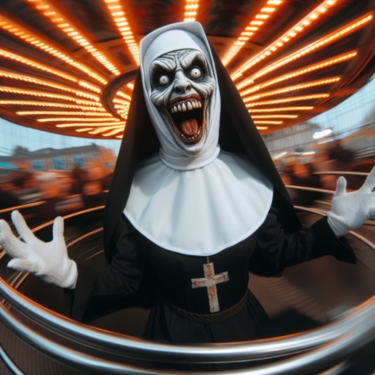 Dancing nun on carnival ride - illustration
