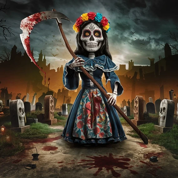 Mexican La Calavera Catrina ohoto on a graveyard (AI) 