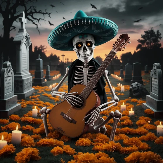 Day of the Dead photos - a skeleton with a guitar (AI)