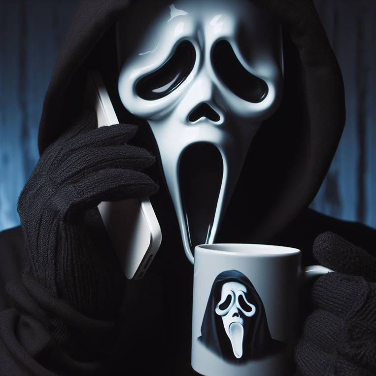 Ghostface Mug, illustration of Ghostace holding knide and talking on the phone, while holding a Ghostface cup