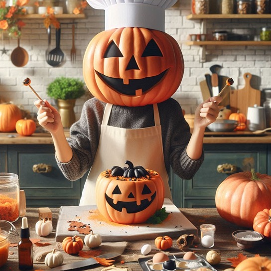A Pumpkin make a pumpkin cake (AI)