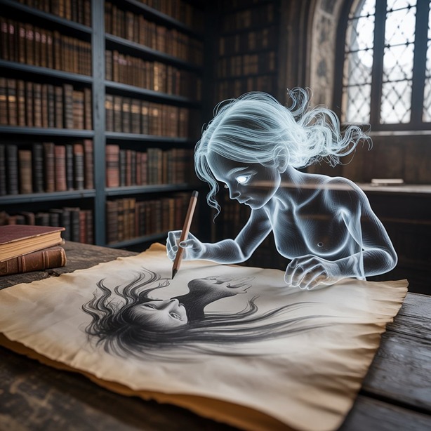 a ghost girl is drawing a realistic ghost (AI)