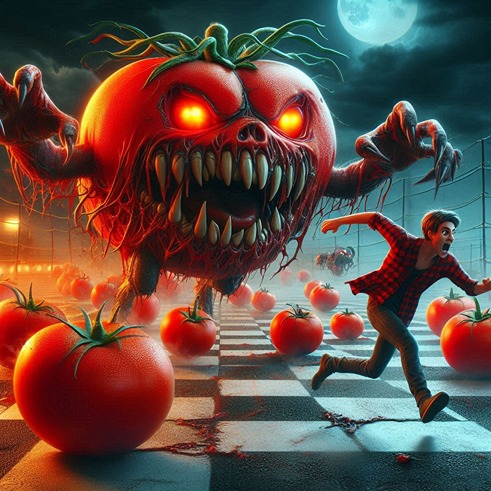 scary tomato chases man (AI)