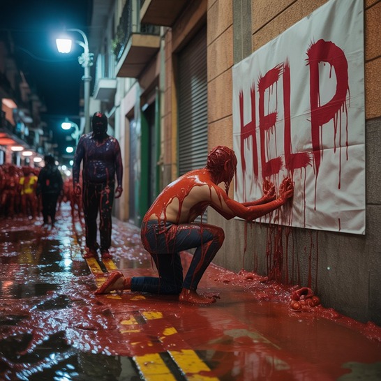 Tomato fight in spain horror photo (AI)