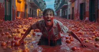La Tomatina Photos - man in red river (AI)
