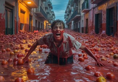 La Tomatina Photos - man in red river (AI)