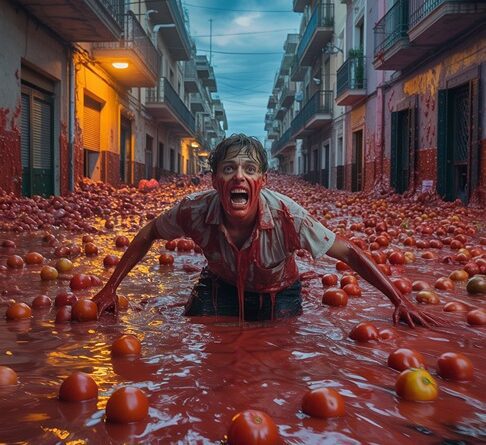 La Tomatina Photos - man in red river (AI)