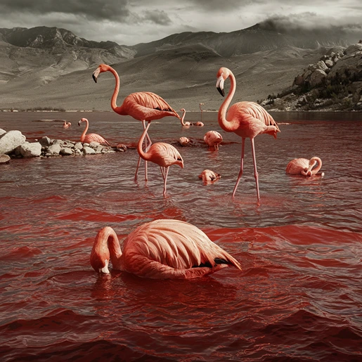 The animals of Lake Natron - Flamingos on red water (AI)