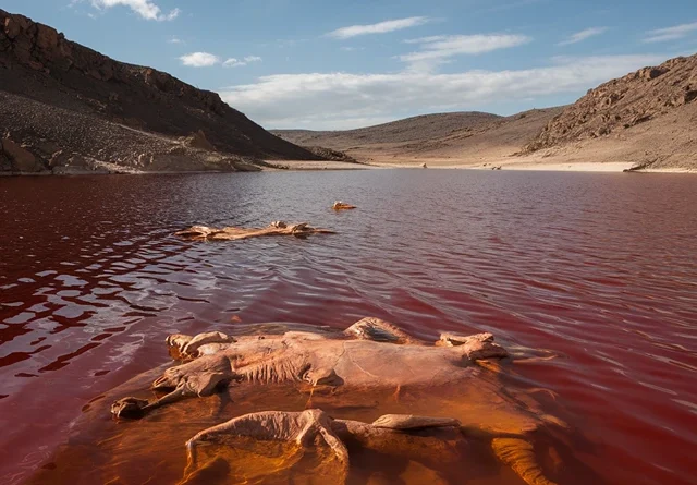 Lake Natron photos - red water and dead animals (AI)