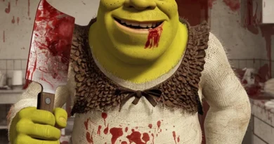 Scary shrek photos, holding a blooded knife (AI)
