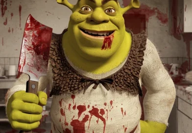 Scary shrek photos, holding a blooded knife (AI)