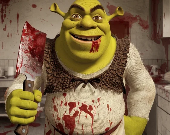 Scary shrek photos, holding a blooded knife (AI)