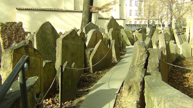 Marked trailes inside mesy graveyard. Prague Jewish Cemetery
