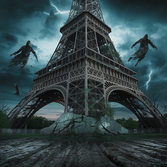 Ghosts jumping from the Eiffel Tower (AI)