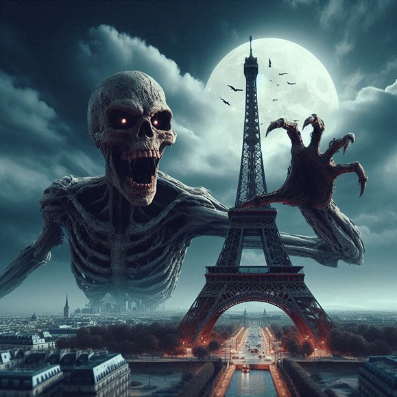 Skeleton near the eiffel tower (AI)