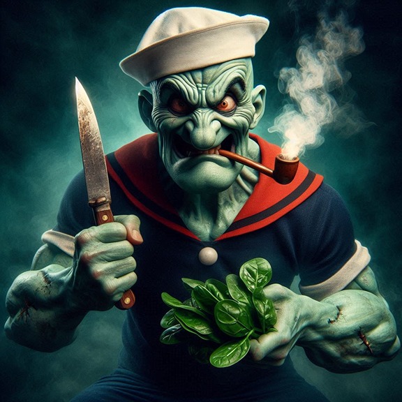 Scary Popeye smoking pipe and holding knife