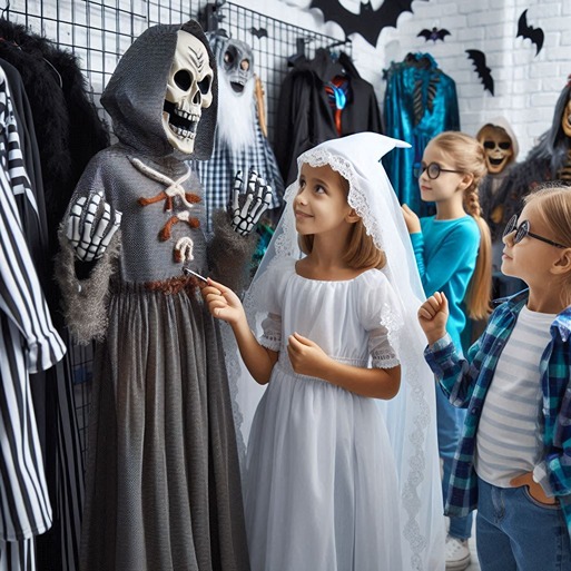 kids are choosing a scary costume (AI)