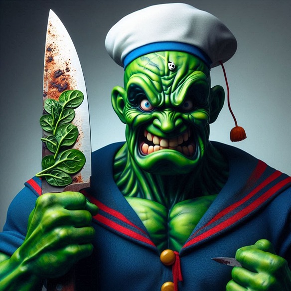 Green scary Popeye holding knife and spinach