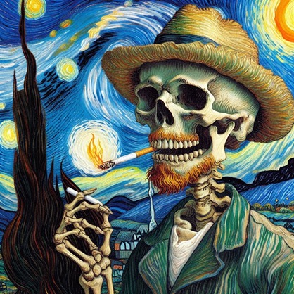 Skull Van Gogh with a Burning cigarette (AI)
