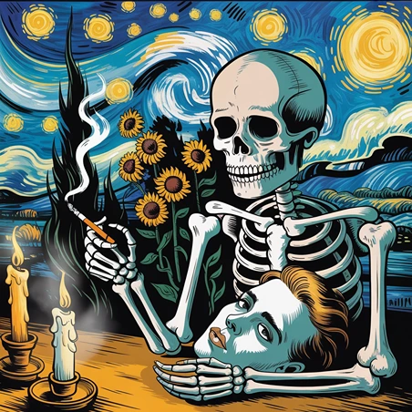 Skull of a Skeleton with Burning Cigarette - AI image