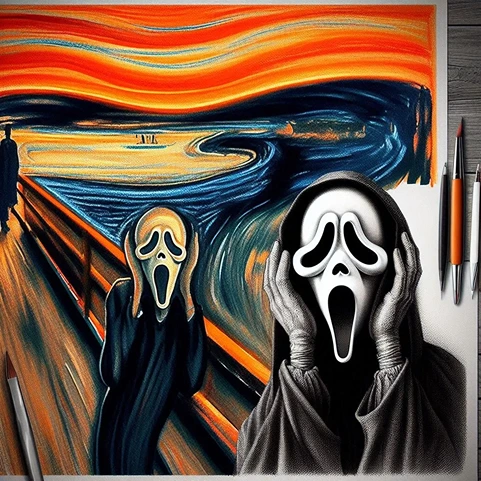 Ghostface is screaming near The Scream painting (AI)