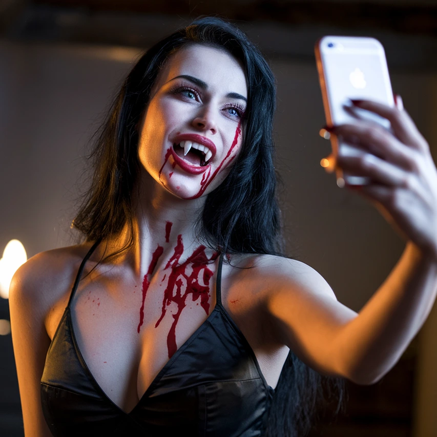 woman taking selfie after vampire treatment (AI)