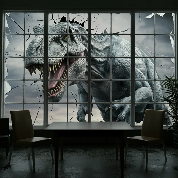 a scary dinosaur at the window (AI)