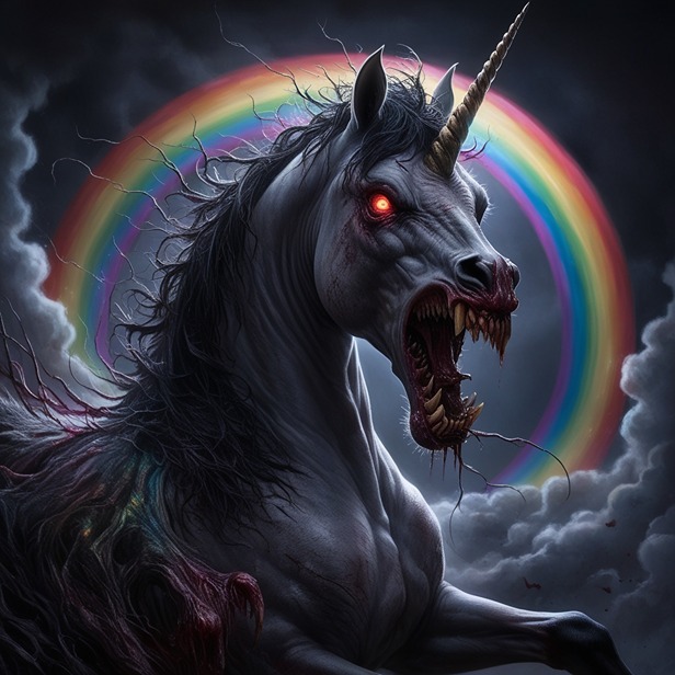 are unicorns real - scary unicorn photo (AI)
