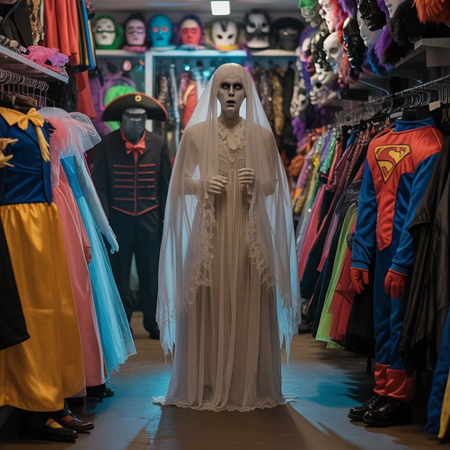 ghost costume of a lady in a costume shop