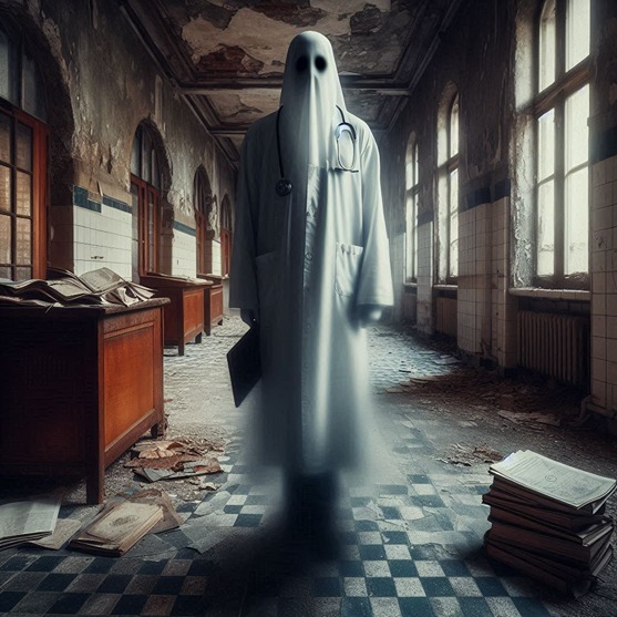 ghost doctor in abandoned hospital (AI)