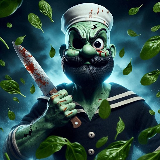 horror popeye version, holding knife and spinach (AI)