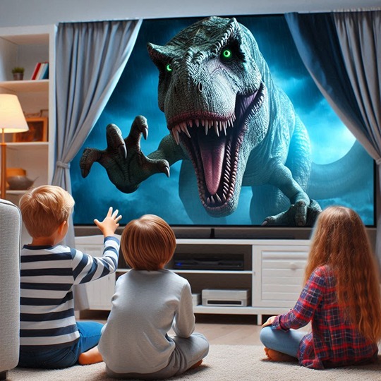 kids watch a horror movie about dinosaurs (AI)