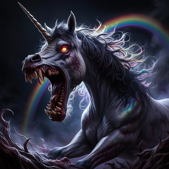 killer unicorn on a rainbow photo (AI)