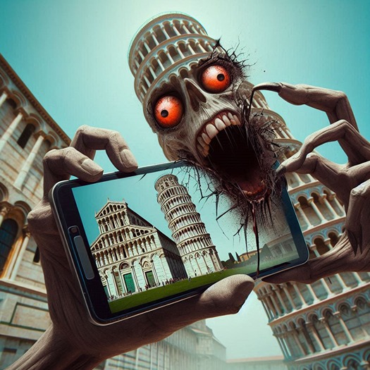 people take photos of Leaning Tower of Pisa (Scary AI illutration)