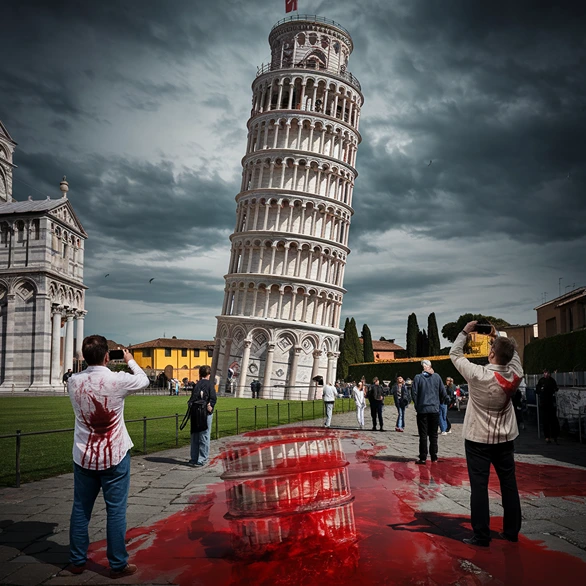 The leaning tower of pisa taking photos (AI scary image)