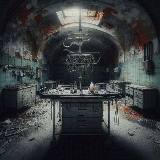 Scary empty hospital with old equipment (AI)