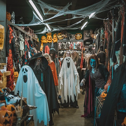 scary costumes for kids in a costume store (AI)