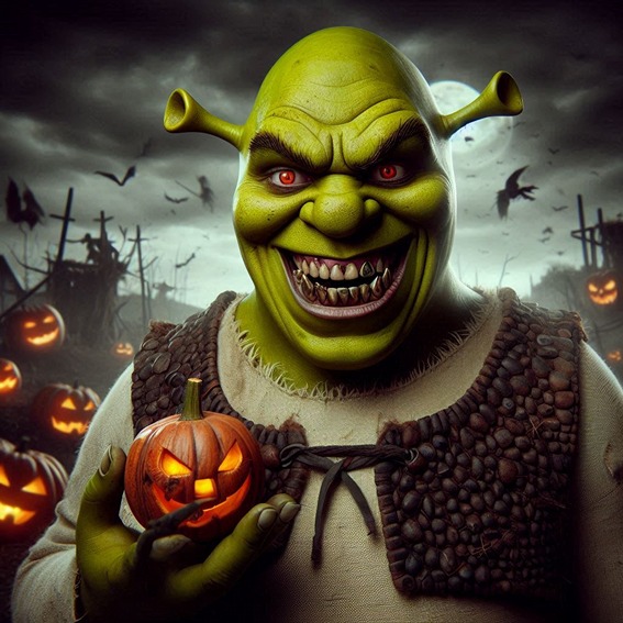 scary shrek holding a pumpkin (AI)