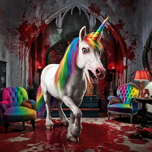 scary unicorn in a house with blood