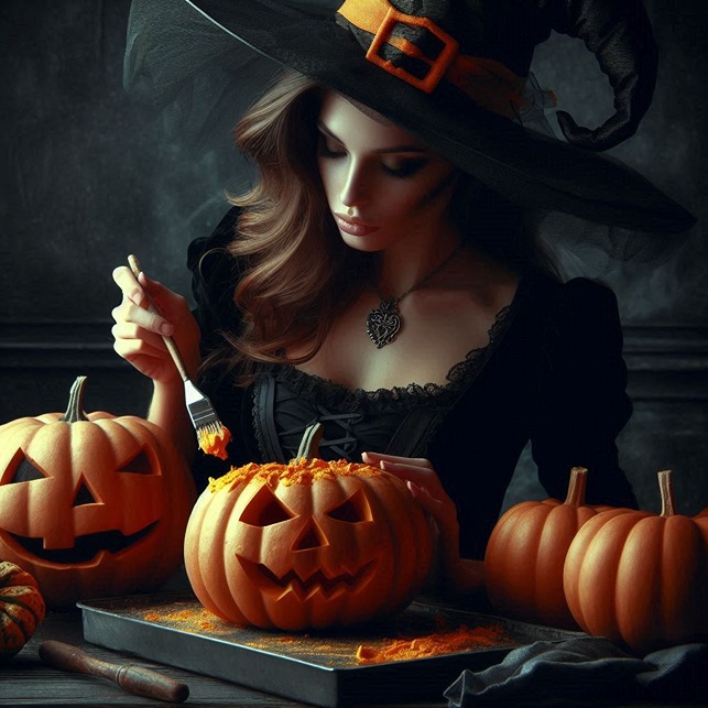 a sexy witch is making a Halloween cake from pumpkin (AI)