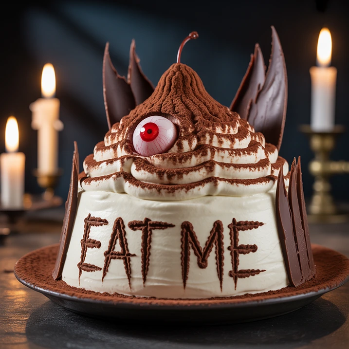 spooky halloween tiramisu with eat me text (AI)