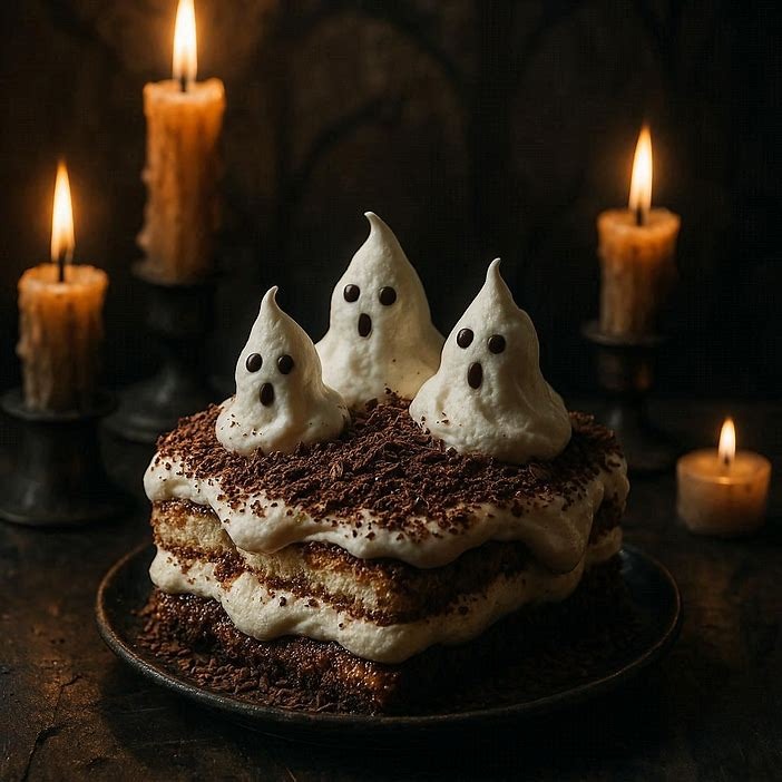 scary tiramisu cake with candles and ghosts (AI)